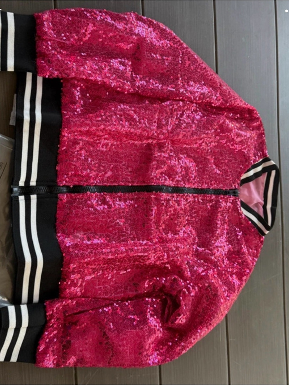 Girls' Pink Sequin Bomber Jacket with Striped Trim